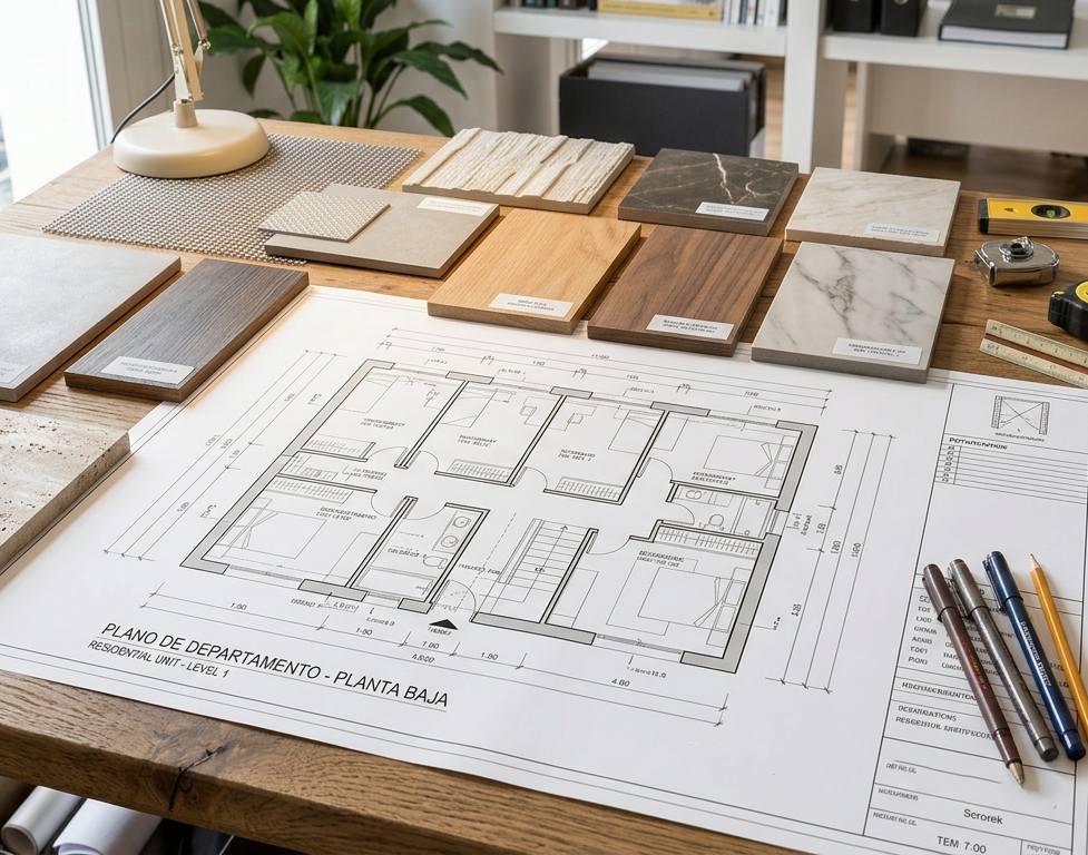 Muestras de materiales sobre un plano de departamento con herramientas de diseño
